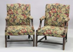 A NEAR PAIR OF GEORGIAN DESIGN MAHOGANY FRAMED GAINSBOROUGH ARMCHAIRS with tapestry back, arms and
