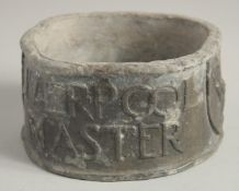 AN EARLY LIVERPOOL MASTER CIRCULAR LEAD TOBACCO BOX, BUILDER'S ASSOCIATION by Griffiths & Sons,