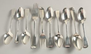 FOUR GEORGE IV SILVER FIDDLE PATTERN DESSERT SPOONS and other sundry cutlery. Weight 11ozs.