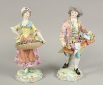 A GOOD PAIR OF SAMSON GOLD ANCHOR CHELSEA BASKET FIGURES of a gallant and lady both carrying baskets