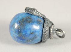 A RUSSIAN LAPIS EGG PENDANT with an entwined silver snake. 1ins long.