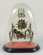 A GOOD VICTORIAN BRASS CATHEDRAL SKELETON CLOCK with black and white Roman numerals, fusee mount