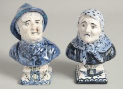 A SMALL PAIR OF DUTCH BLUE AND WHITE BUSTS OF A MAN AND WOMAN. 6ins high.