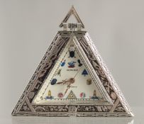A MASONIC SILVER TRIANGULAR POCKET WATCH 2ins.