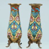 A SMALL PAIR OF 19TH CENTURY FRENCH CLOISONNE ENAMEL VASES with BARBEDIENNE stamp. 4ins high.