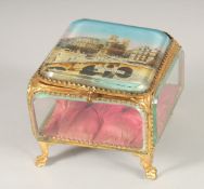A GOOD SQUARE GLASS AND GILT JEWELLERY BOX, “Besancon” 4ins square.