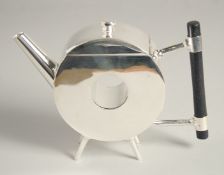 A POLO MINT SHAPE CHRISTOPHER DRESSER DESIGN SILVER PLATED TEA POT. 5.5ins high.