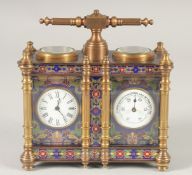 A CLOISONNE ENAMEL DOUBLE CARRIAGE CLOCK. 5ins with carrying handle.