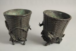A PAIR OF ORIENTAL FRENCH BRONZE BASKETS with leaves and locks. 6ins high.