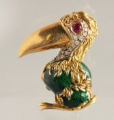 AN 18CT GOLD, RUBY, AND DIAMOND PELICAN BROOCH. Signed, FRASCAROLO. 18.9g