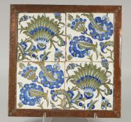 A SET OF FOUR SQUARE PORCELAIN TILES, each 6ins square, possibly WILLIAM DE MORGAN, all four set