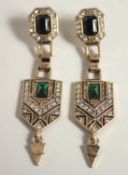 A PAIR OF ART DECO DESIGN DROP EARRINGS.