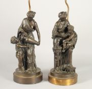 LOUIS SAUVAGEAU, FRENCH, b. 1822, ' FEMME et AMOUR, LE JEU' A VERY GOOD PAIR OF CLASSICAL BRONZES OF