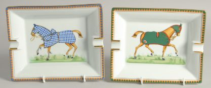 TWO HERMES OF PARIS PORCELAIN ASH TRAYS painted with horses. 7.5ins x 6ins.