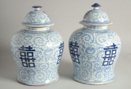 A PAIR OF CHINESE BLUE AND WHITE GINGER JARS AND COVERS. 12ins high.
