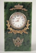 A GOOD RUSSIAN JADE, SILVER, AND DIAMOND SET CLOCK. 4.5ins high x 2.25ins wide. Marks, H. W.,