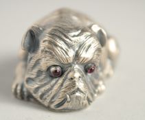 A SMALL RUSSIAN SILVER BULL DOG. 2.75ins long. Mark I. P. Head 84. Eagle, Faberge mark.