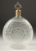 A CONTINENTAL ROUND ETCHED GLASS DECANTER with silver rim and stopper. 7.5ins high.
