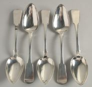 FIVE ABERDEEN SILVER FIDDLE PATTERN TABLESPOONS. Maker R. & S. ABD. 10ozs
