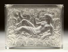 A GOOD FROSTED GLASS RECTANGULAR BOX AND COVER, the lid with a classical nude holding an hourglass