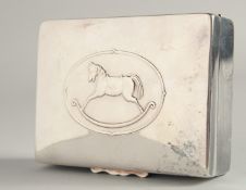 A SILVER PLATE BABY BOX, the lid with rocking horse. 4.25ins x 3.25ins