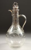 A VERY GOOD VICTORIAN CLARET JUG BY GEORGE FOX with etched glass and engraved and silver mounts,