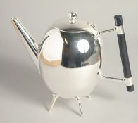 A GLOBULAR CHRISTOPHER DRESSER DESIGN SILVER PLATED TEA POT. 7ins high.
