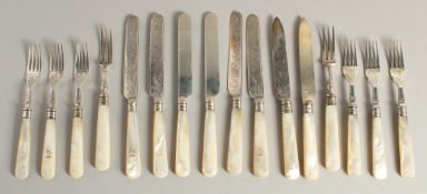 A SET OF SIXTEEN SILVER DESSERT KNIVES AND FORKS with mother-of-pearl handles. Sheffield 1904, in