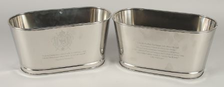 A SMALL PAIR OF NAPOLEON BONAPARTE OVAL COOLERS. 11.5ins high.