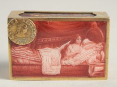 A VERY GOOD SMALL RUSSIAN SILVER AND ENAMEL MATCH BOX HOLDER with diamond crown. Mark, 88