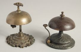 TWO HOTEL METAL DESK BELLS.