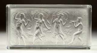A GOOD FROSTED GLASS RECTANGULAR BOX AND COVER, the lid with the Three Graces and Pan
