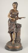 AFTER A MOIREAU. A LARGE BRONZE OF A GIRL playing a mandolin. 2ft 1ins high on a circular base.