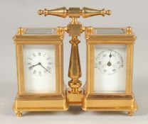 A GILT BRONZE DOUBLE CARRIAGE CLOCK. 4ins high with carrying handle.