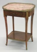 A GOOD 19TH CENTURY FRENCH PARQUETRY MARBLE TOP TABLE, with single drawer, on curving legs with