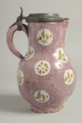 A GOOD LARGE 18TH CENTURY DUTCH FAIENCE JUG with pewter lid. 9ins high.