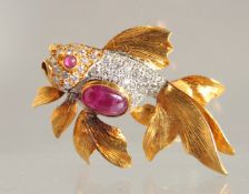 AN18CT GOLD, RUBY, AND DIAMOND SET FISH BROOCH BY FRASCAROLO. 6.9gms.