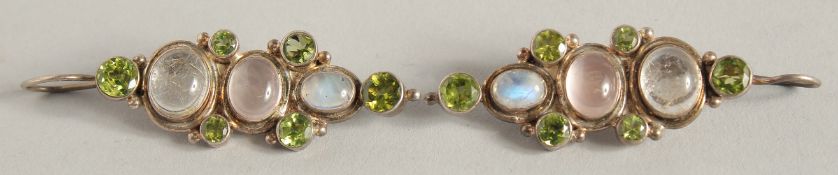 A PAIR OF SILVER AND MOONSTONE DROP EARRINGS.