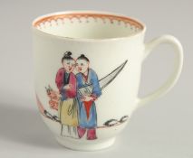 AN 18TH CENTURY WORCESTER COFFEE CUP painted in colour with three Oriental figures.