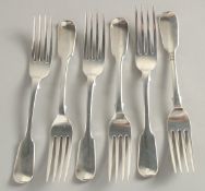 A SET OF SIX VICTORIAN SILVER FIDDLE PATTERN DESSERT FORKS. London 1843. Maker J. B. Weight 9ozs.