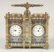 A DOUBLE CLOISONNE ENAMEL CARRIAGE CLOCK AND BAROMETER with carrying handle. 5ins high.