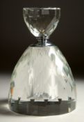 A LARGE CUT CRYSTAL CIRCULAR SCENT BOTTLE AND STOPPER. 8.5ins high.