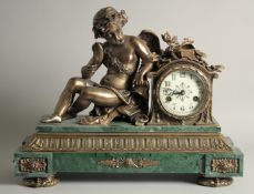 A SUPERB FRENCH BRONZE AND MARBLE CLOCK, with a large bronze cupid holding a feather, with drum m