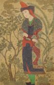 A FINE LARGE PERSIAN PAINTING ON PAPER, depicting a standing figure in tradition attire, the robes
