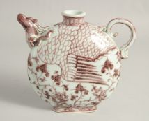 A CHINESE UNDERGLAZE RED PORCELAIN WINE EWER, with handle and spout moulded into the design of a