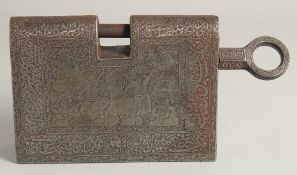 A LARGE ISLAMIC ENGRAVED STEEL LOCK, with bands of calligraphy and spring-operated locking system,