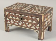 A GOOD 19TH CENTURY MOORISH MOTHER OF PEARL, TORTOISESHELL AND BONE INLAID MINIATURE TABLE, with
