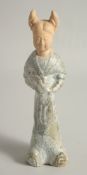 AN EARLY CHINESE PART-GLAZED TERRACOTTA FIGURE, 26cm high.