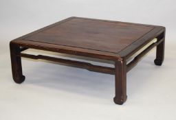 A GOOD CHINESE HARDWOOD SQUARE TABLE, on square form legs, 33cm high, 90cm square.