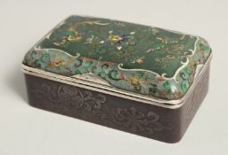 A FINE JAPANESE CLOISONNE RECTANGULAR LIDDED BOX, the lid with finely enamelled decoration depicting
